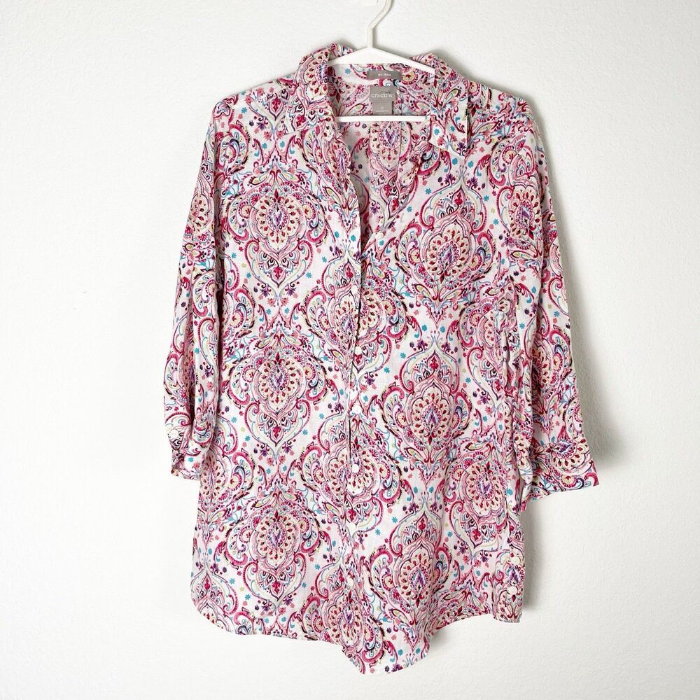 Chicos No Iron Linen Button Up Shirt Size 0 US Small 3/4 Sleeves Floral Paisley​